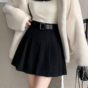 High Waist A-Line Mini Skirt Suit Womens New Style Autumn Winter Woolen Plaid Anti-Light Folding Design Commute Skirt
