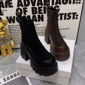 European Station Super High Heel Short Boots Female 2023 Winter New Arrival Authentic Leather British Style Fleece-lined Stylish Height Increasing Platform Martin Boots