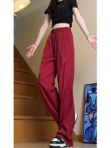 กางเกงลำลองชายผ้าไหมน้ำแข็งสีแดงบางแห้งเร็ว ทรงตรง ทรงหลวม ฤดูร้อน ปกติ ระบายอากาศได้ดี กางเกงขายาวทรงหลวมสบายๆ