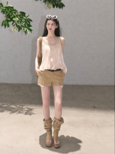 OAKMOO | Áo Camisole Mùa Hè Kết Hợp Ren và Vàng Kim