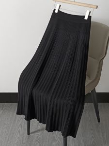 Knitted Thickened Autumn Winter Long Skirt Womens High Waist Pleated Slimming Midi Skirt Korean Style Commute Polyester Fiber