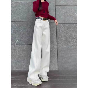 plus Size High Waist Straight Leg Jeans Womens Autumn Winter Fleece Lined Loose Wide Leg Pants Slimming Effect Casual Style