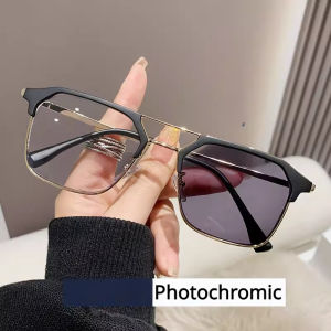 แว่นตาสะพานคู่โลหะ โฟโตโครมิกสำหรับผู้ชายกันแสงสีฟ้าแว่นสายตาสั้น ตกแต่งเฉพาะบุคคล