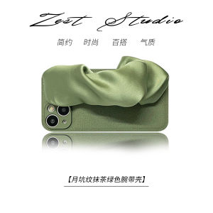 เคสโทรศัพท์มือถือแบบสะพายข้างแบบพกพาพร้อมผ้าไหมสีเขียวมัทฉะพร้อมสายคล้องข้อมือสำหรับ iPhone 16 pro Max Apple 15 ซิลิโคน 13 รุ่นใหม่ 14 แบบเรียบง่าย 11