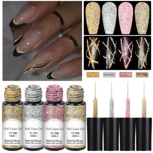 ชุดเจลทาเล็บสีทองเงินแบบสะท้อนแสง กลิตเตอร์ ไลเนอร์ สำหรับวาดลายเส้น กราฟฟิตี ลายเส้น DIY ดีไซน์เล็บแบบฝรั่งเศส
