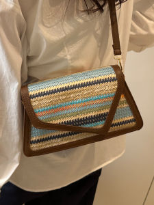 Colorful Straw Woven Womens Bag French Vintage Underarm Single Shoulder Crossbody Small Square Bag for Daily Use