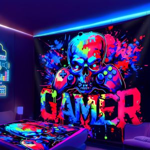 VIKAMA พราว Gaming Skull Tapestry Neon Gaming Room ฉากหลังสด Immersive Gaming ตกแต่งโรงแรม