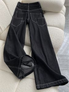 กางเกงยีนส์ทรงหลวมเอวสูง ทรงหลวม กางเกงขายาวทรงสลิมฟิตสีดำ ดีไซน์ตัดเย็บแบบยาว ทรงสลิมฟิต กางเกงขายาวทรงหลวมสำหรับผู้หญิง