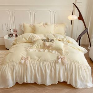 Girl Princess Style Flannel Lace Super Soft Ruffled Chiffon Bow 4-Piece Bedding Set