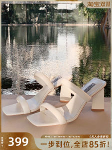 Meiyang Double Strap Thick Heel Slippers Sheep Leather Square Head High Heel Sandals Casual Slip-On Low Cut Rubber Outsole