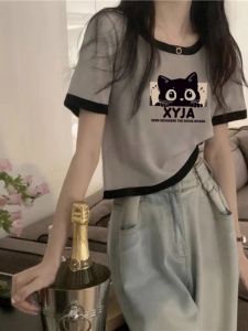 Áo Thun Cotton Pha Trộn Màu Cổ Tròn Tay Ngắn Mùa Hè Cho Nữ Phong Cách Mỹ Cổ Điển in Họa Tiết Đa Năng Ôm Vừa Vặn