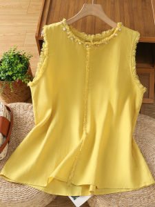 เสื้อเชิ้ตแขนกุดผ้าฝ้ายลินินสไตล์ใหม่ฤดูร้อนปี 2025 สำหรับผู้หญิง พร้อมกระดุมและปักลูกไม้ ดีไซน์หรูหรา ลดอายุ เสื้อตัวเล็ก