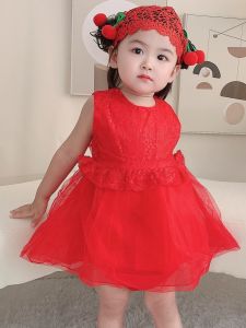 Red Vest Dress Baby Girl Full Moon Ceremony Dress Infant Princess Skirt Cotton Cake Skirt Style Summer Childrens Clothing