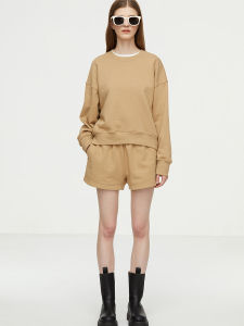Khaki White Cotton round Neck Short Sweatshirt Womens Spring Autumn Loose BF Lazy Style Set Pure Cotton Fashion Ensemble