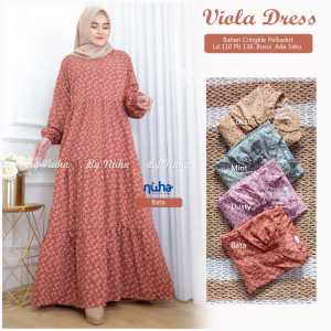 Baju Gamis Susun Tiga Viola Dress Motif Polkadot Bahan Crinckle Airflow Pakaian Wanita Muslimah