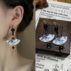 New Chinese Style Fan Shape Earrings Retro Cheongsam Hanfu Womens Tassel Drop Earrings Fresh out Fashion Jewelry Accessories