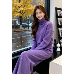 LIANGYILAILIN | New Winter Fashionable Purple High Neck Sweater with Loose Pants Set