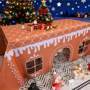 Tablecloth Christmas Gingerbread House Tablecloth Open Tent With Festive Village Playhouse Design For Gingerbread Party Decor