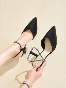 Josiny | Spring Summer One-Strap Black Pointed Toes Versatile High Heel Sandals