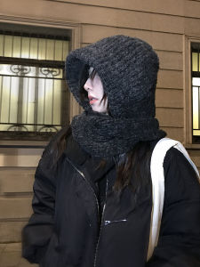 Warm Fleece Lined Knitted Scarf Hat One Piece Winter Style Small Face Effect Headwear for Women Youth Shopping Street Fashion
