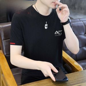 HENGYUANXIANG | Hengyuanxiang Mens Round Neck Embroidered T-Shirt Ice Silk Breathable Short Sleeve Summer Fashion Urban Style Cotton Polyester Blend
