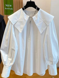 Elegant Long Sleeve Womens Shirt Luxury Feel Casual Style Polyester Fiber Zipper Design Fashionable Large Collar Autumn New