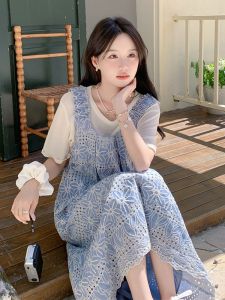 Light Blue Lace Hollow out Womens Dress Summer 2025 New Style Small Fragrance Flora Embroidery Ageless Strap Long Gown