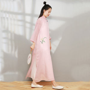 ชุดโยคะผู้หญิงฤดูร้อน ชุดกี่เพ้าผ้าลินินคอตตอนหลวม ชุดเต้นรำ ชุดชา ชุดยาวคลุมเข่า แขนยาว เสื้อผ้าโยคะแบบสวมหัว