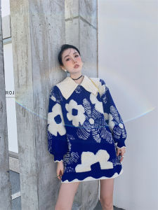 Retro Knitted Sweater Dress Midi Blue Klein Winter New Arrival Vague Memory Sweet Style Loose Fit Polyester Long Sleeve Dress