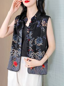 New Chinese Style Ladies Vest Jacket Summer 2025 Fashionable Outerwear Elegant European Style Embroidered Button up Crop Top