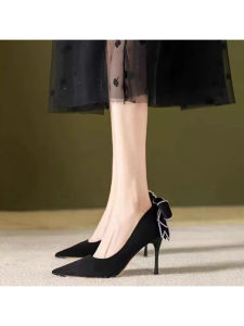 Korean Style Butterfly Knot High Heels Pointed Toe Shoes for Women Spring Autumn 2024 New Fashion Flat Mouth Single Shoes