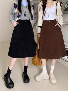 plus Size Corduroy A-Line Midi Skirt Womens Autumn Winter High Waist Hip Concealing Slimming Umbrella Skirt Fashionable Versatile