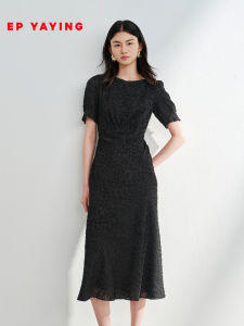 EP YAYING | Mulberry Silk Round Neck Short Sleeve Waist-tight Black Dress