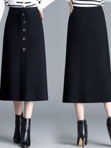 กระโปรงยาวปานกลางทรงเอเอวสูงถักหนาสำหรับฤดูใบไม้ร่วงและฤดูหนาวสำหรับผู้หญิง กระโปรงทรงเอทรงเข้ารูปแบบเก๋ไก๋สำหรับใส่ไปทำงาน