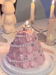 Christmas Tree Cake Decoration Pink Diamond Pearl Chain Star Candle Holder Baking Festive Ornament Display Piece