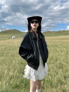 Black Retro Biker Jacket Womens Spring Autumn New Design High-End Leather Coat Loose Fit Long Sleeve Zipper Closure Fashionable