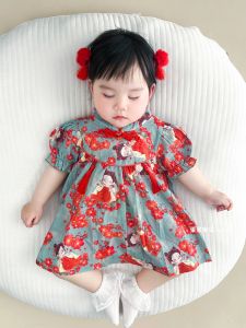 Cute Chinese Style Baby Girl Dress One Year Old Birthday Party Clothes Cotton Polyester Blend A-Line Skirt Summer Outfit