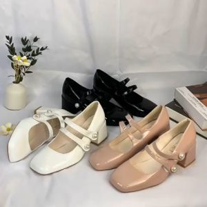 8828 Sepatu Mules Wanita Elegan Square Toe dengan Hak Tinggi dan Aksen Mutiara - Bisa COD