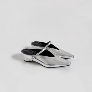 Genuine Leather Half Slippers Womens Outdoor Wear 2025 New Pointed Toe Thick Heel Soft Bottom French High Heel Sandals