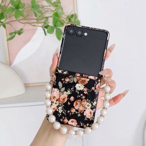 szhaiyu | For Samsung Galaxy Z Flip 8 7 6 5 4 3 Foldable Luxury Flower Strap Painting Flowers Shockproof Case with Pearl Bracelet Chain