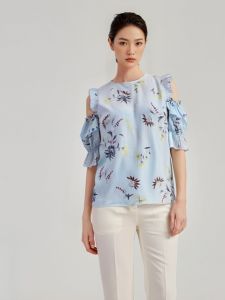 Fashionable round Neck Shoulder Bared Striped Floral Printed Shirt Brand Discount Womens Summer Clothing 3N271 OL Style Short Sleeve