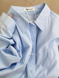 Luxurious Light Blue Pure Cotton Long Sleeve Womens Shirt Fashionable Loose plus Size Versatile Slimming Outerwear