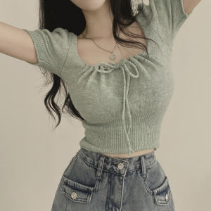 Retro Square Collar Knitwear Womens Thin Chic Stylish Drawstring Ruffle Short Silm Slim Looking Summer Tops Women