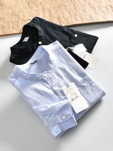 Fresh Artistic Japanese Style Mens Long Sleeve Shirt Washed Pure Cotton Stand Collar Breathable Sweat Absorbent Solid Color