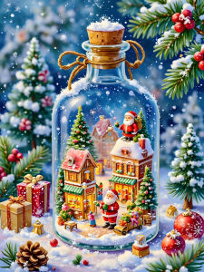 Huacan 5D DIY Diamond Painting Glass Bottle Christmas Town Diamond Embroidery Landscape Complete Kit Holiday Gift