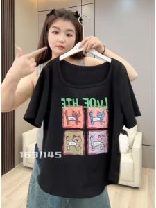 พลัสไซส์ ผู้หญิง เสื้อยืดแขนสั้น หลวม Fit ฤดูร้อน สไตล์ การ์ตูน Cat ดีไซน์ ชิค เสื้อท่อนบน สําหรับ พลัสไซส์ สุภาพสตรี