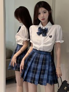 Đồng Phục Jk Tay Ngắn Phong Cách Đại Học Kẻ Caro Váy Bộ Nữ Cao Vòng Eo Xếp Ly Đầm Ngắn Trang Phục Hai Mảnh Thời Trang Mùa Hè