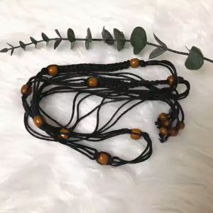 Thắt lưng dây sáp tết phối tua rua hạt gỗ đai váy dây tết hạt gỗ phong cách dân tộc