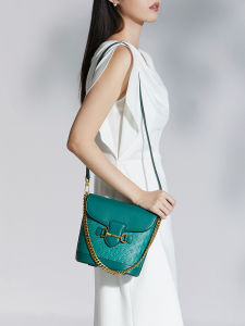 Power Land PLD Genuine Leather Bucket Bag Casual Magnetic Snap Crossbody Chain Bag Womens Style City Simple Pure Color Handbag