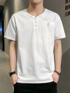 ROMON | Lormen Mens Pure Cotton Short Sleeve T-shirt Summer Style V-neck Ice Silk Body Chinese Style Tang Costume Fake Two-Piece